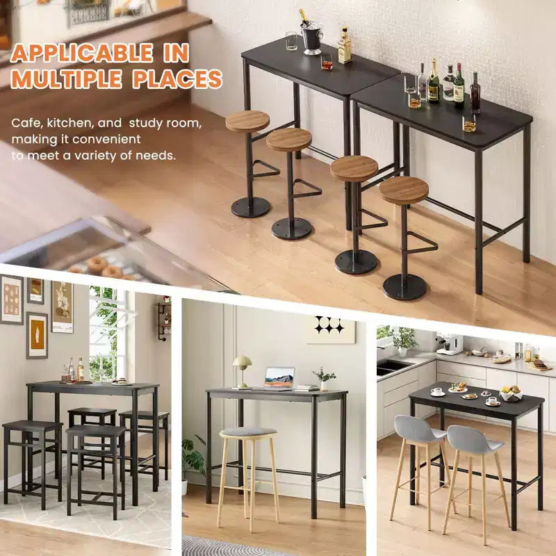 Table de bar hauteur comptoir de 47" avec cadre en métal et plateau en bois, 4 places, Noir
