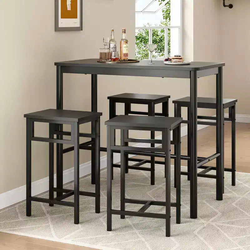 Table de bar hauteur comptoir de 47" avec cadre en métal et plateau en bois, 4 places, Noir