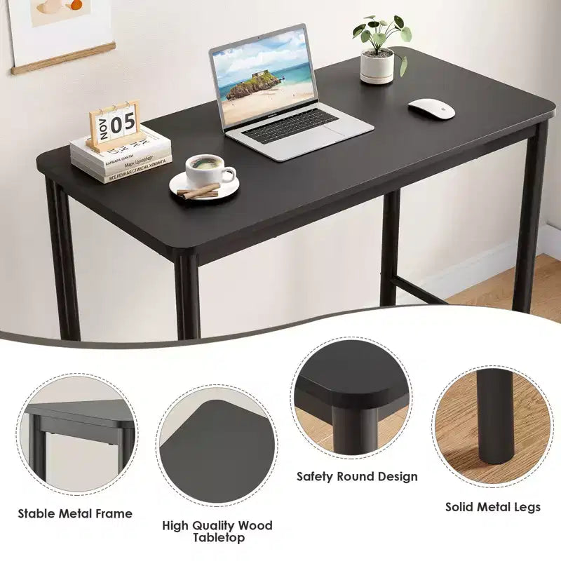 Table de bar hauteur comptoir de 47" avec cadre en métal et plateau en bois, 4 places, Noir