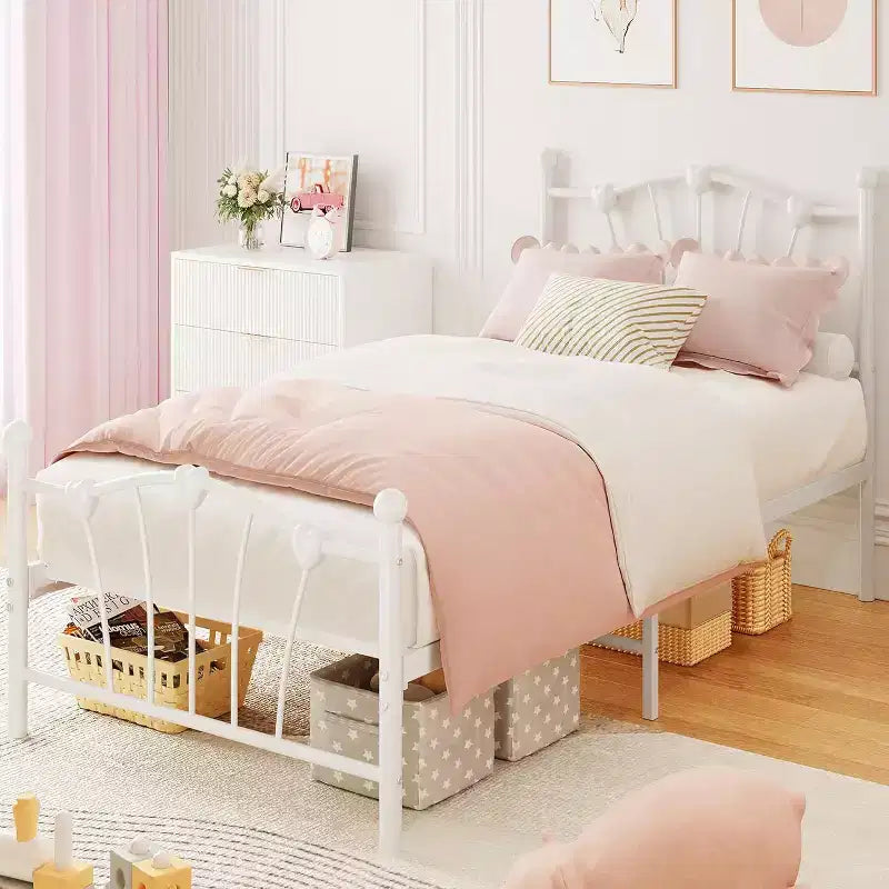 Acekool Twin Heart Shaped Metal Bed Frame, Platform with Headboard, Footboard, Sturdy Slat Support, Underbed Storage, No Box Spring Needed, White