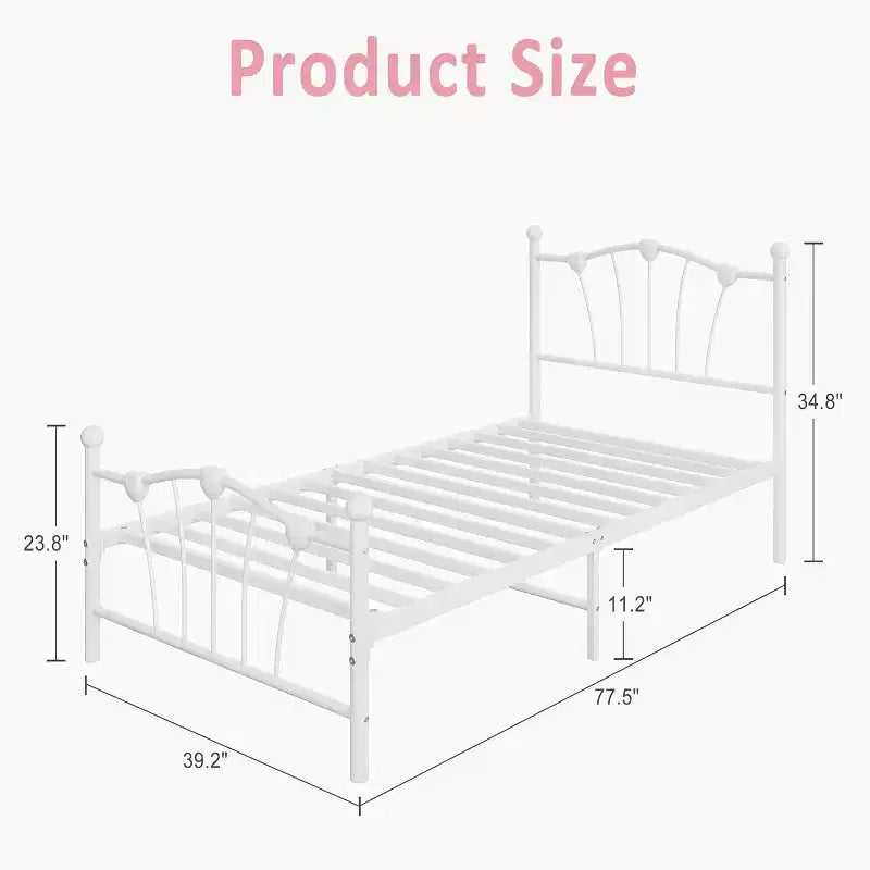 Cadre de lit en métal en forme de cœur double avec tête de lit, pied de lit, support à lattes robuste, rangement sous le lit, pas besoin de sommier tapissier, blanc