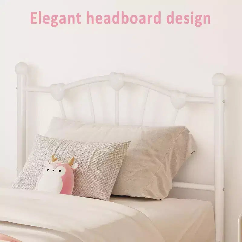 Cadre de lit en métal en forme de cœur double avec tête de lit, pied de lit, support à lattes robuste, rangement sous le lit, pas besoin de sommier tapissier, blanc