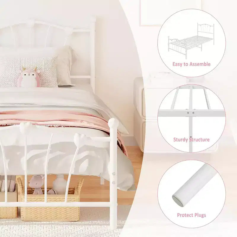 Cadre de lit en métal en forme de cœur double avec tête de lit, pied de lit, support à lattes robuste, rangement sous le lit, pas besoin de sommier tapissier, blanc