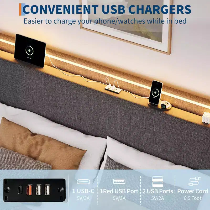 Cadre de lit plateforme capitonné en tissu avec chargement USB et éclairage LED RGB
