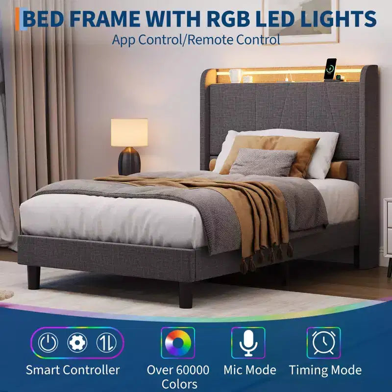 Cadre de lit plateforme capitonné en tissu avec chargement USB et éclairage LED RGB