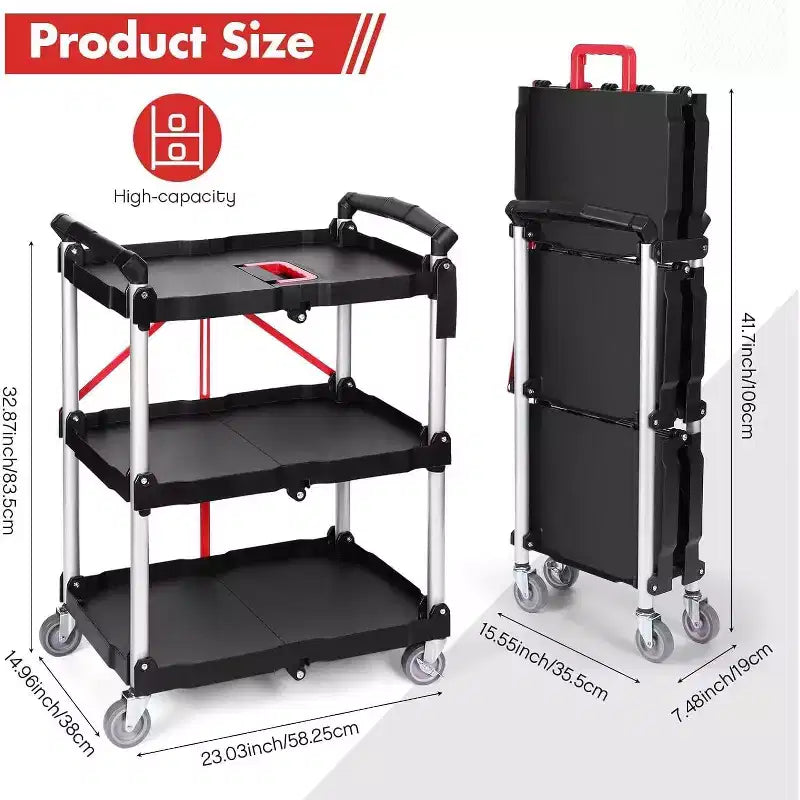 Chariot de service utilitaire pliable à 3 niveaux avec roues