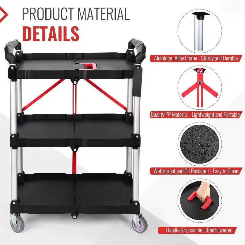 Chariot de service utilitaire pliable à 3 niveaux avec roues