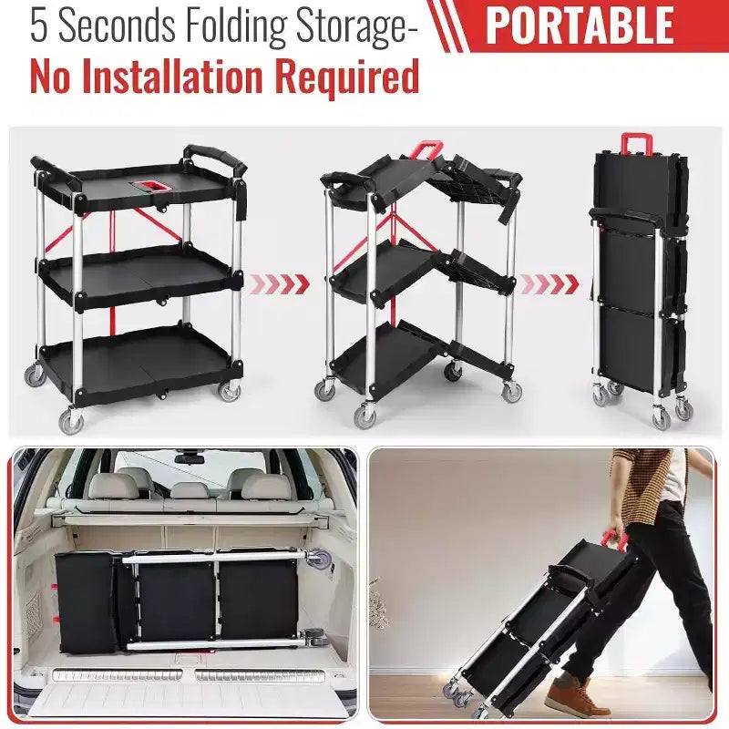 Chariot de service utilitaire pliable à 3 niveaux avec roues