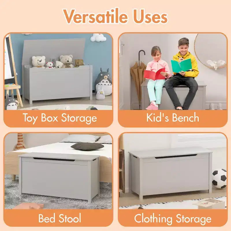 Boîte à jouets en bois avec couvercle à charnières de sécurité – Pour les 2 ans et plus
