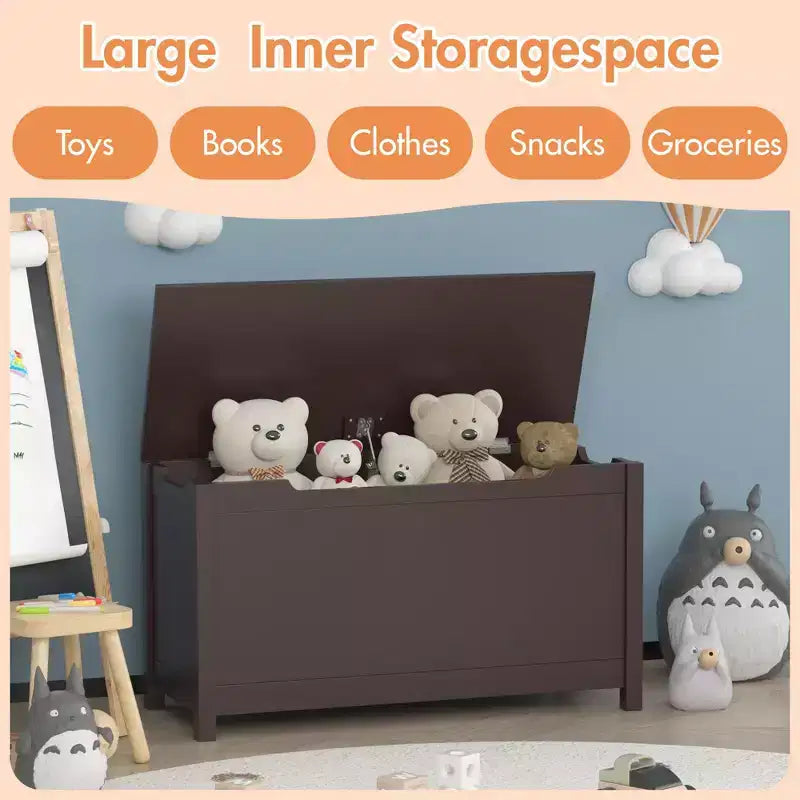 Boîte à jouets en bois avec couvercle à charnières de sécurité – Pour les 2 ans et plus