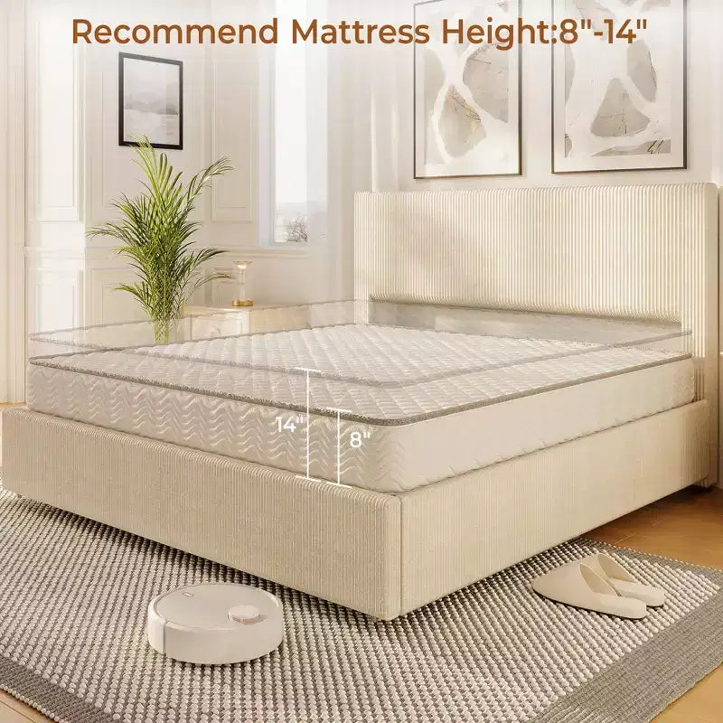 Cadre de lit plateforme king size avec 4 tiroirs de rangement et tête de lit rembourrée