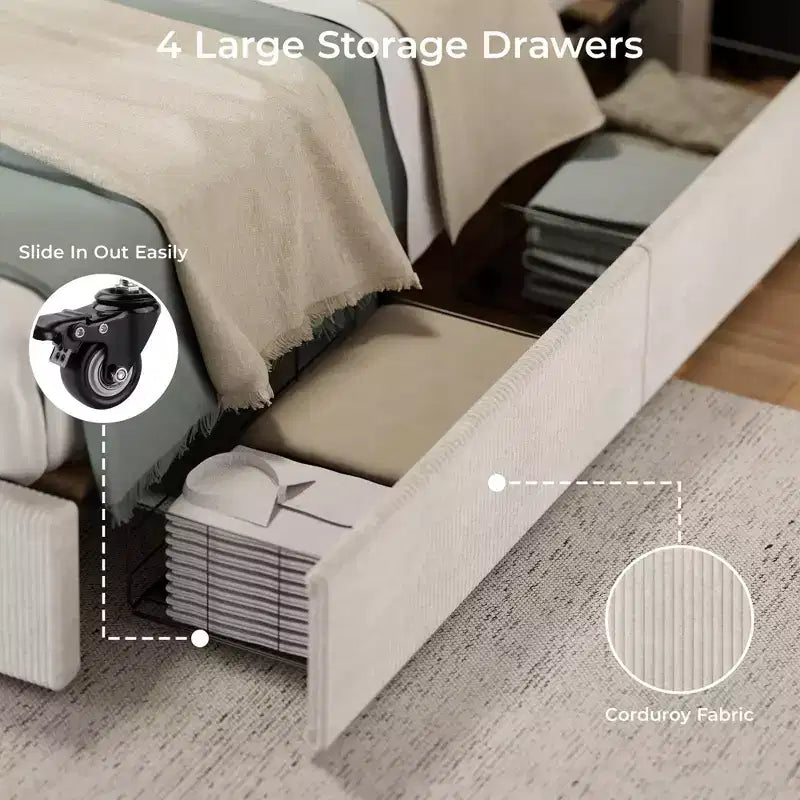 Cadre de lit plateforme king size avec 4 tiroirs de rangement et tête de lit rembourrée