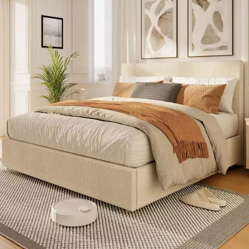 Cadre de lit plateforme king size avec 4 tiroirs de rangement et tête de lit rembourrée