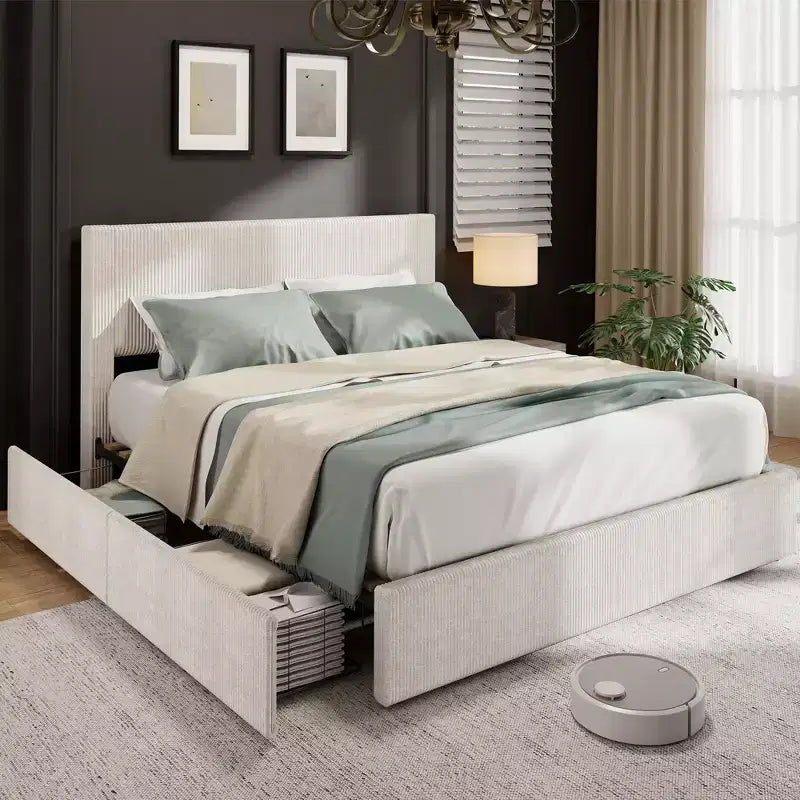Cadre de lit plateforme king size avec 4 tiroirs de rangement et tête de lit rembourrée