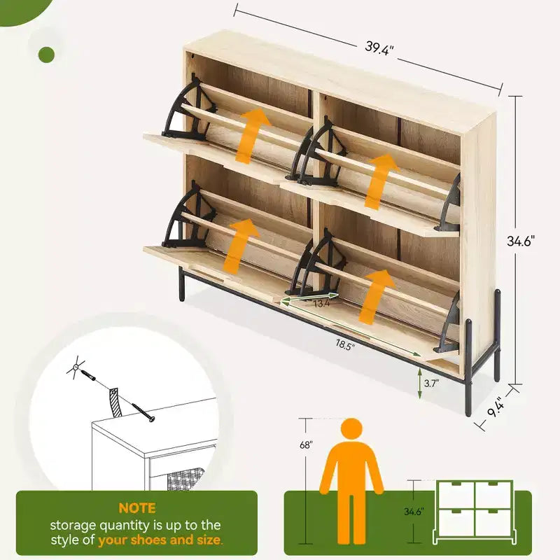 Meuble à chaussures en rotin avec 4 tiroirs basculants et pieds en métal
