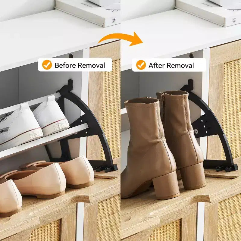 Meuble à chaussures en rotin avec 4 tiroirs basculants et pieds en métal
