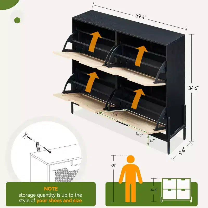 Meuble à chaussures en rotin avec 4 tiroirs basculants et pieds en métal