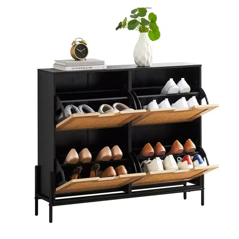 GustoWave Shoe Cabinet, Natural Rattan Shoe Organizer with 4 Flip Drawers, Narrow Freestanding Shoe Rack with Metal Legs Adjustable Shelf