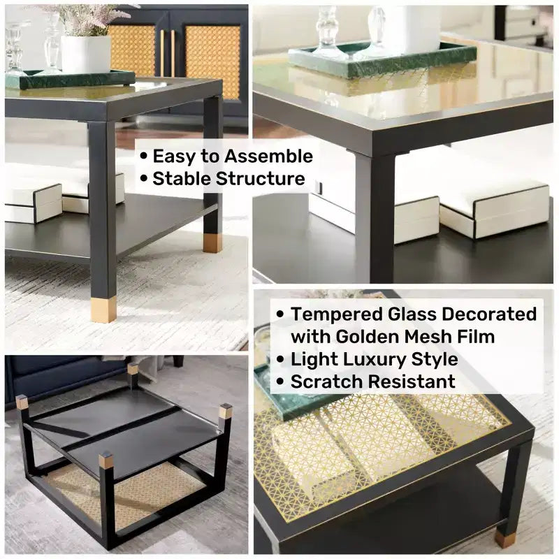 Table basse en verre avec plateau trempé et cadre métallique doré