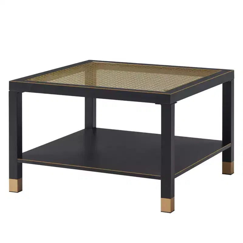 Table basse en verre avec plateau trempé et cadre métallique doré