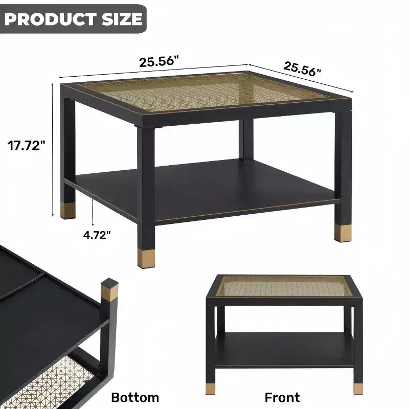 Table basse en verre avec plateau trempé et cadre métallique doré