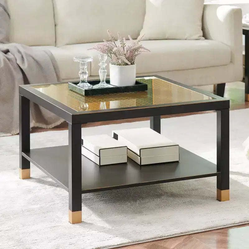 Probe Hues Glass Coffee Table with Gold-Accent Tempered Top & Metal Frame