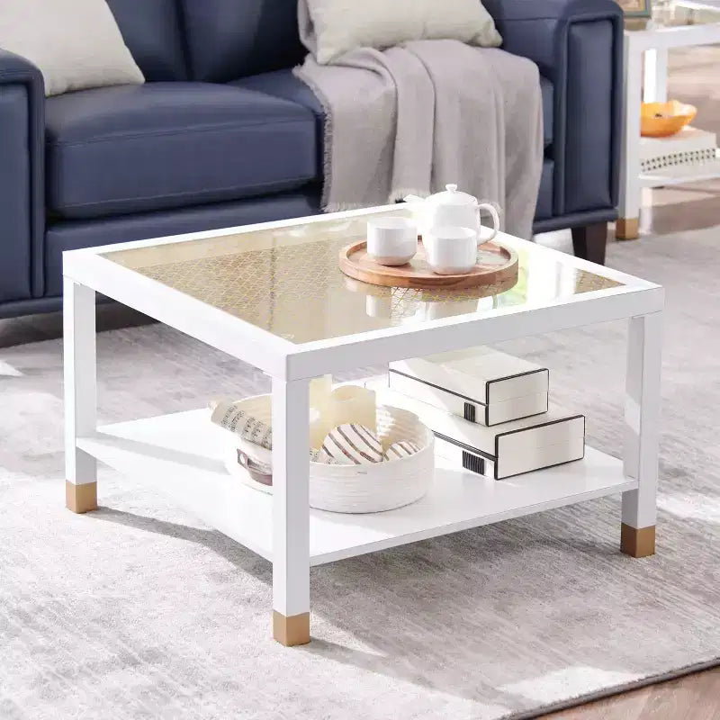 Table basse en verre avec plateau trempé et cadre métallique doré