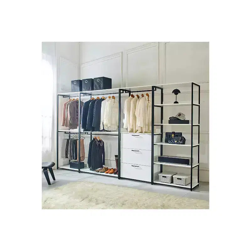 HomeStock 77.7 in.H x 143 in.W White Wood Composite Closet System for Universal Storage with Storage Bins
