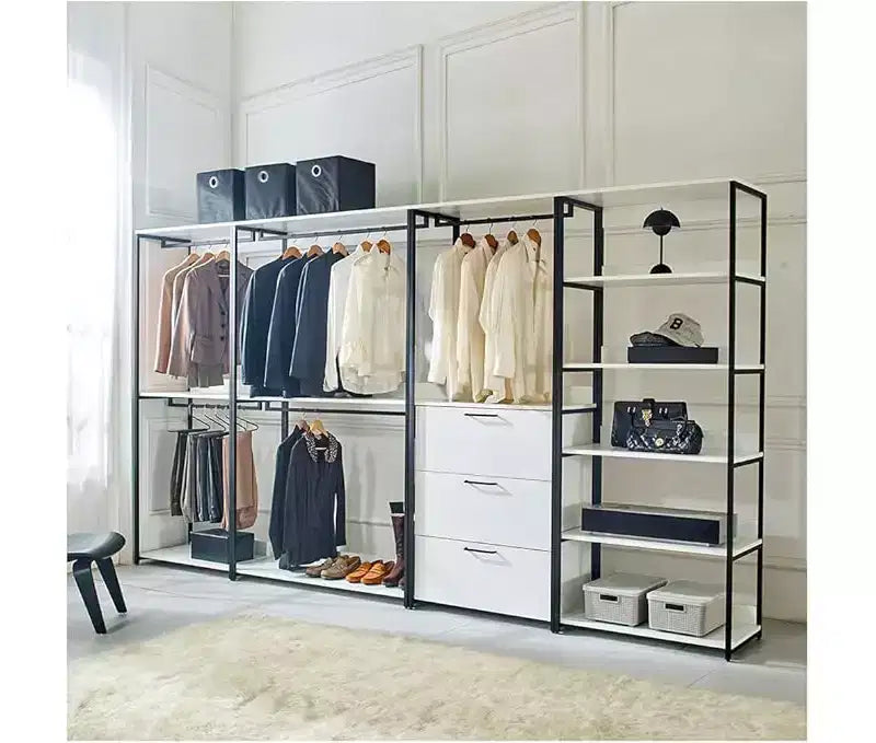 77.7 po (H) x 143 po (L) Système de rangement autoportant avec bacs de rangement – Composite de bois blanc