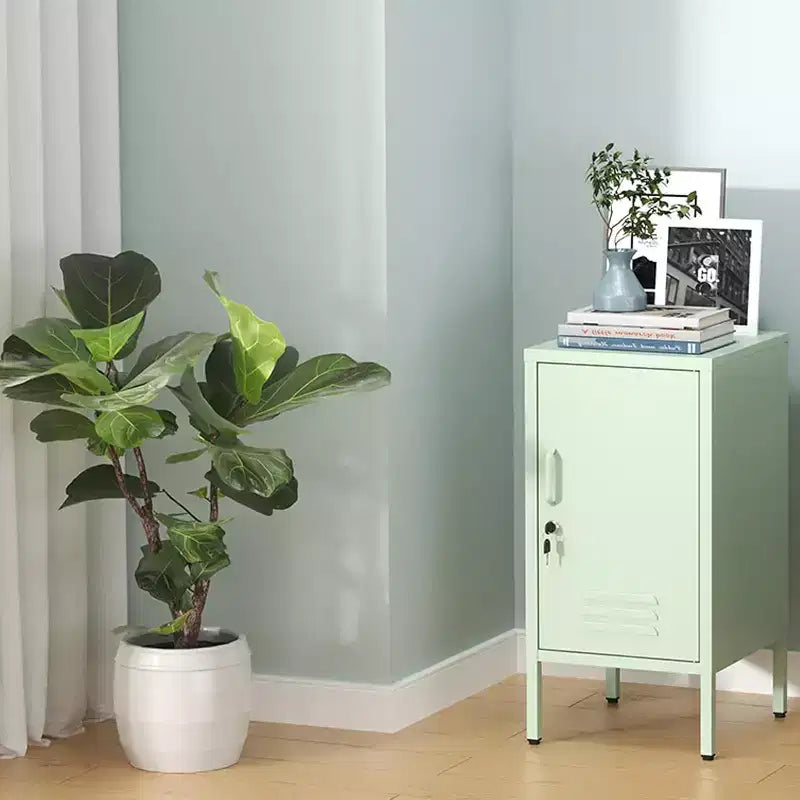 Table d'appoint en métal avec 2 étagères réglables, porte verrouillable et dispositif anti-basculement