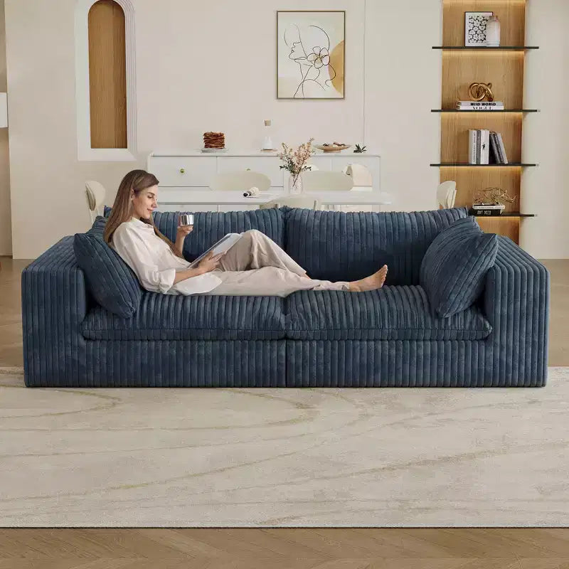 78.8 Blue Corduroy Fabric Deep Seat Couches Cloud Sofa for Living room Double-layer design Removable Cushion