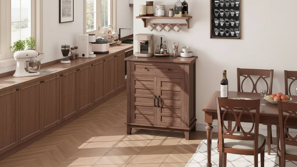 31.5 Rustic Storage Cabinet with Adjustable 3-Tier Shelves, Farmhouse Entryway Organizer Featuring Slatted Doors, Waterproof Design for Kitchen