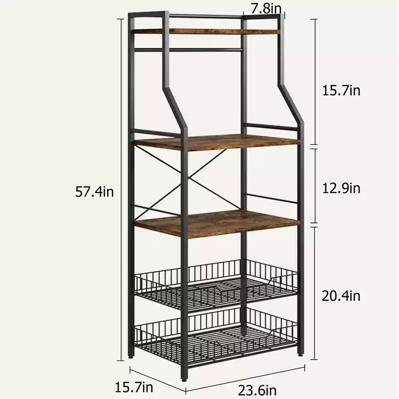 Étagère de cuisine à 5 niveaux avec panier en fil et pieds réglables, 145,8 cm de hauteur