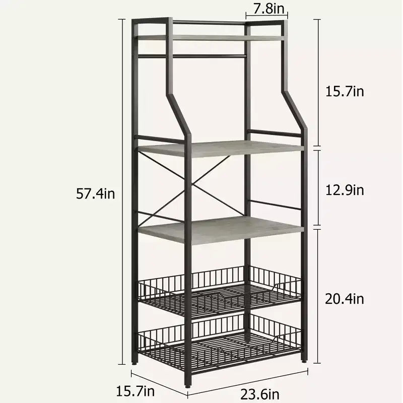 Étagère de cuisine à 5 niveaux avec panier en fil et pieds réglables, 145,8 cm de hauteur