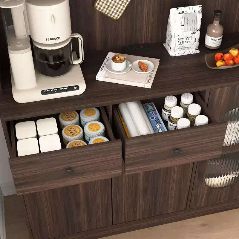 Meuble de cuisine autoportant de 180 cm avec portes vitrées et support pour micro-ondes
