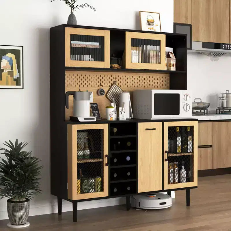 Meuble de cuisine autoportant de 180 cm avec portes vitrées et support pour micro-ondes