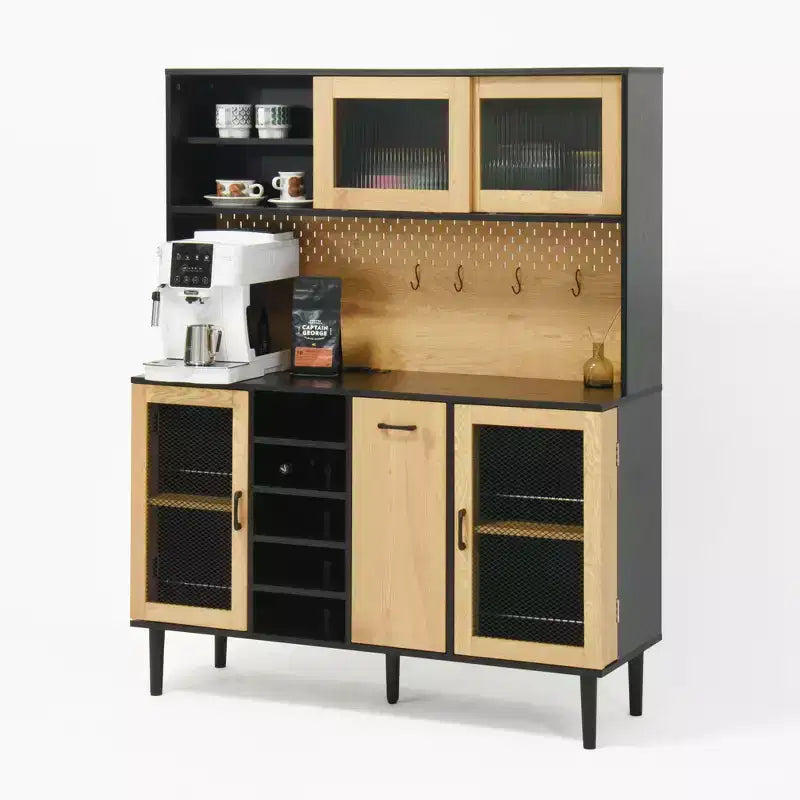 Meuble de cuisine autoportant de 180 cm avec portes vitrées et support pour micro-ondes