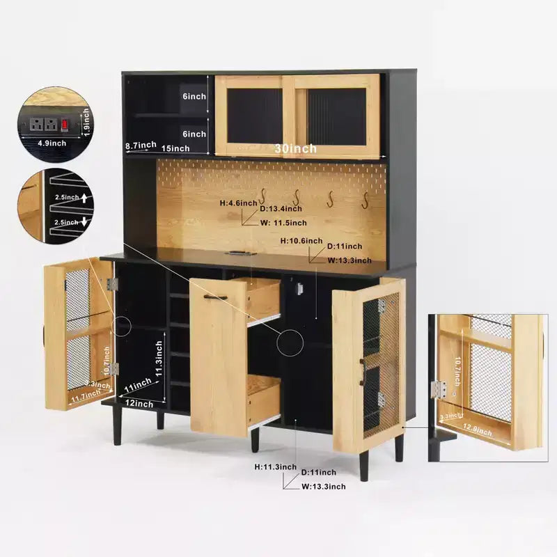 Meuble de cuisine autoportant de 180 cm avec portes vitrées et support pour micro-ondes