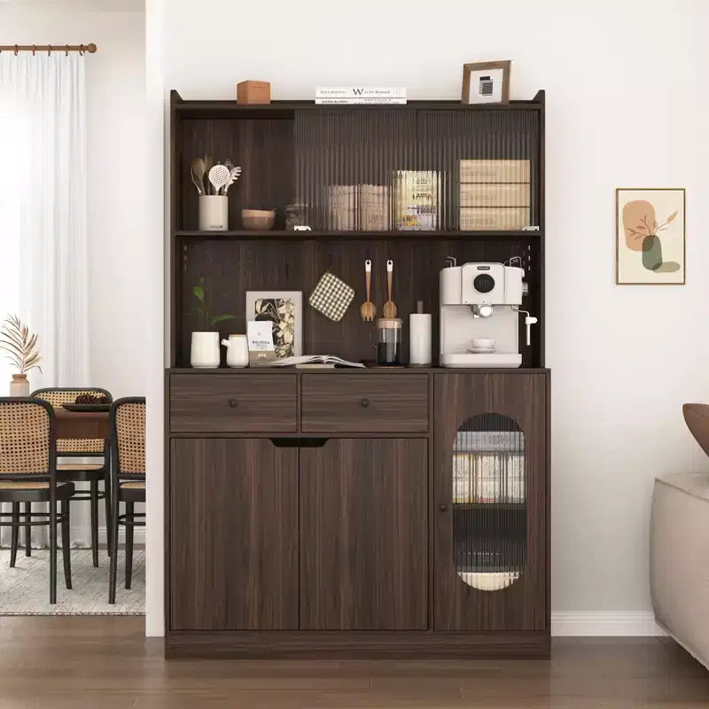 Meuble de cuisine autoportant de 180 cm avec portes vitrées et support pour micro-ondes
