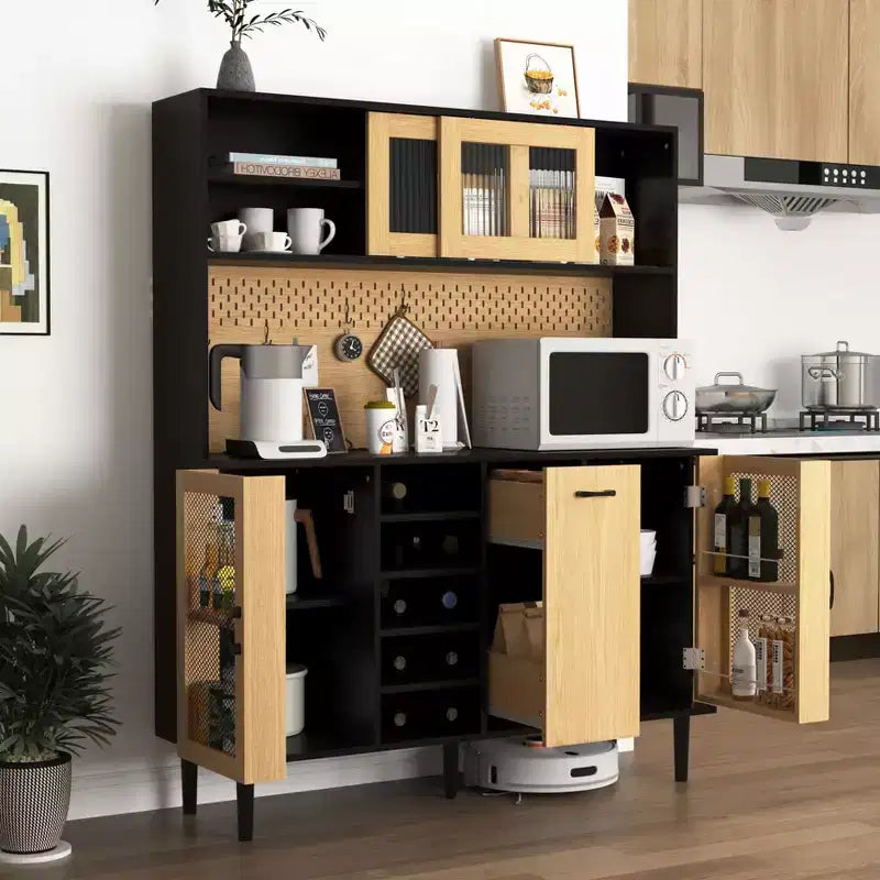 Meuble de cuisine autoportant de 180 cm avec portes vitrées et support pour micro-ondes