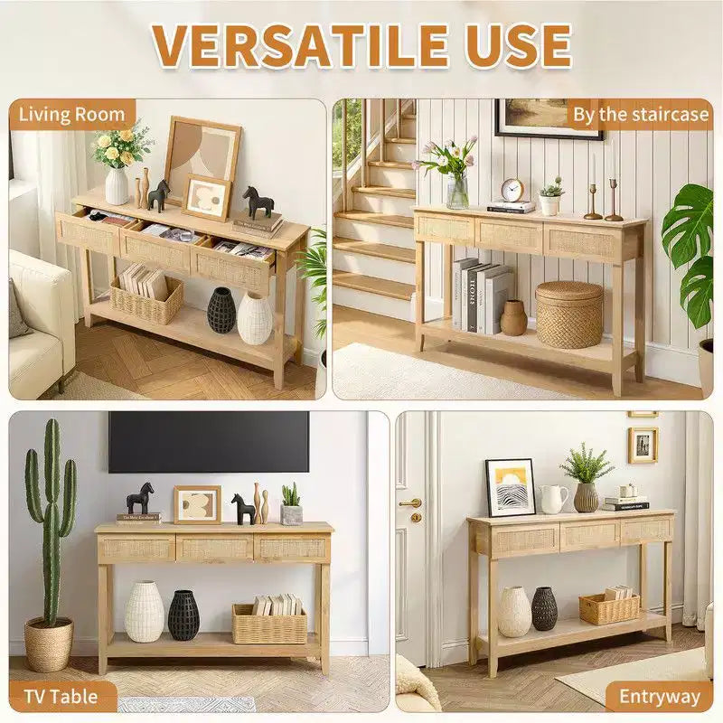 Console en rotin avec 3 tiroirs et étagère ouverte