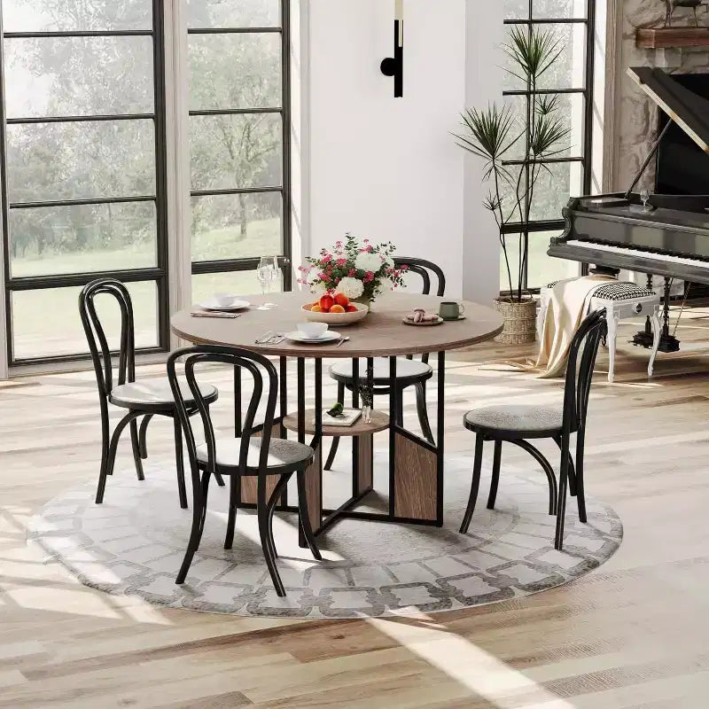 Table à manger ronde de 151,4 cm avec étagère de rangement, base croisée en métal, plateau étanche