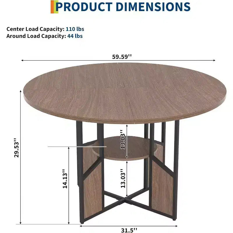 Table à manger ronde de 151,4 cm avec étagère de rangement, base croisée en métal, plateau étanche