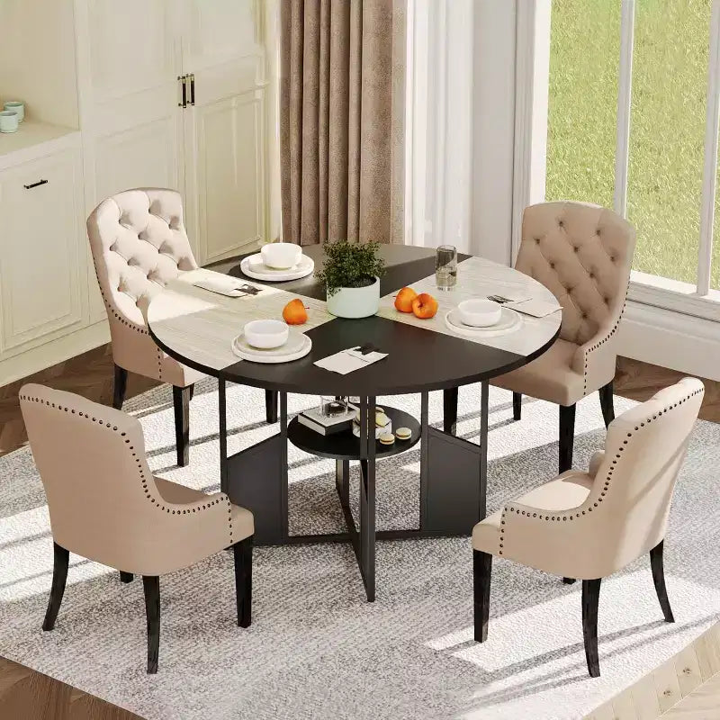 Table à manger ronde de 151,4 cm avec étagère de rangement, base croisée en métal, plateau étanche