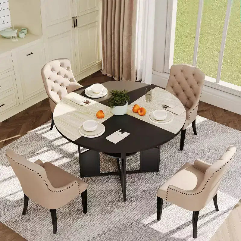 Table à manger ronde de 151,4 cm avec étagère de rangement, base croisée en métal, plateau étanche