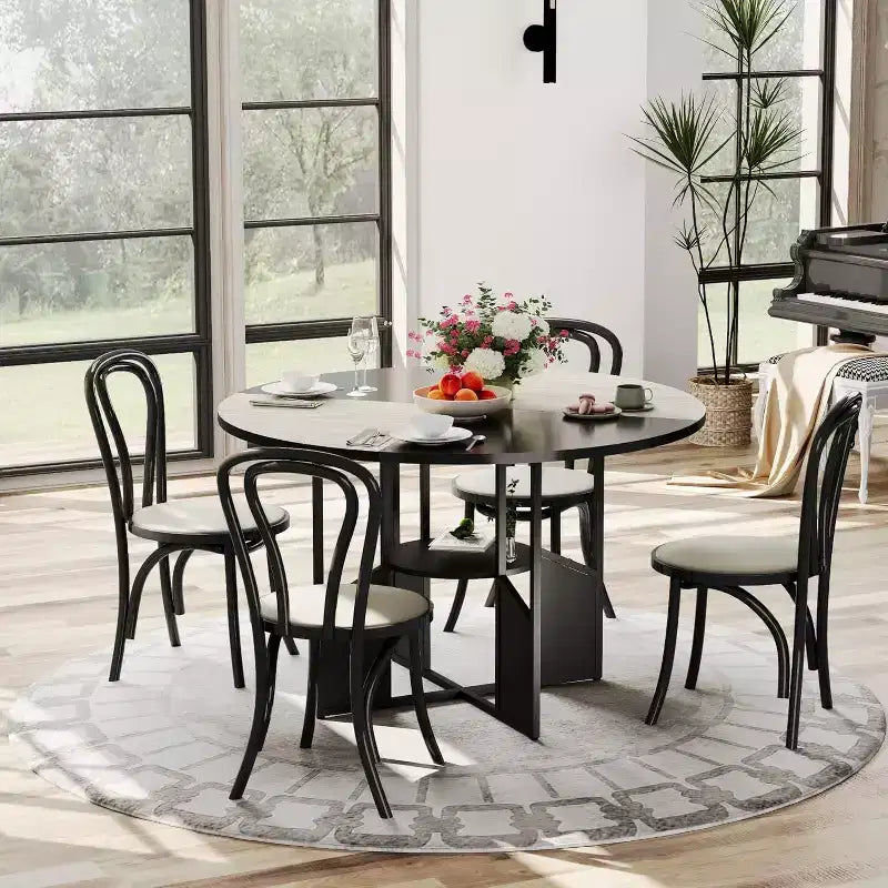 Table à manger ronde de 151,4 cm avec étagère de rangement, base croisée en métal, plateau étanche