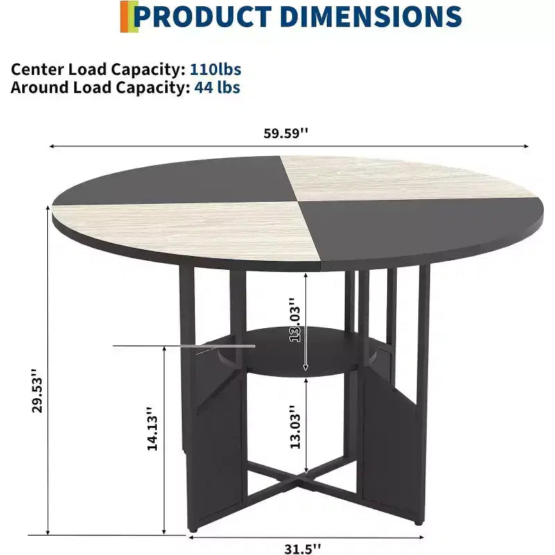 Table à manger ronde de 151,4 cm avec étagère de rangement, base croisée en métal, plateau étanche