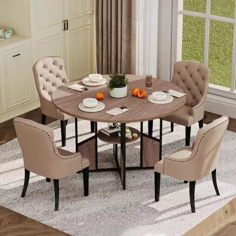 Table à manger ronde de 151,4 cm avec étagère de rangement, base croisée en métal, plateau étanche
