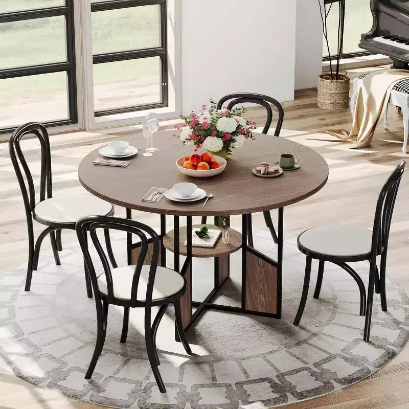 Table à manger ronde de 151,4 cm avec étagère de rangement, base croisée en métal, plateau étanche