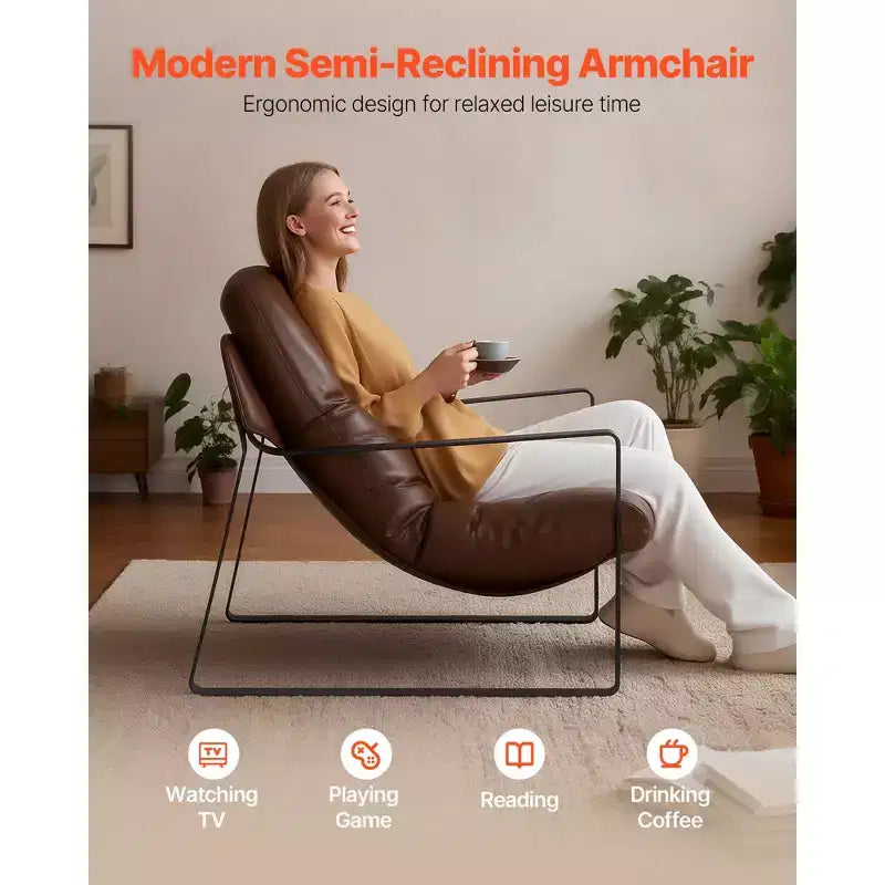 Fauteuil d'appoint en similicuir avec coussin en mousse souple, cadre en métal robuste et coussin amovible, marron
